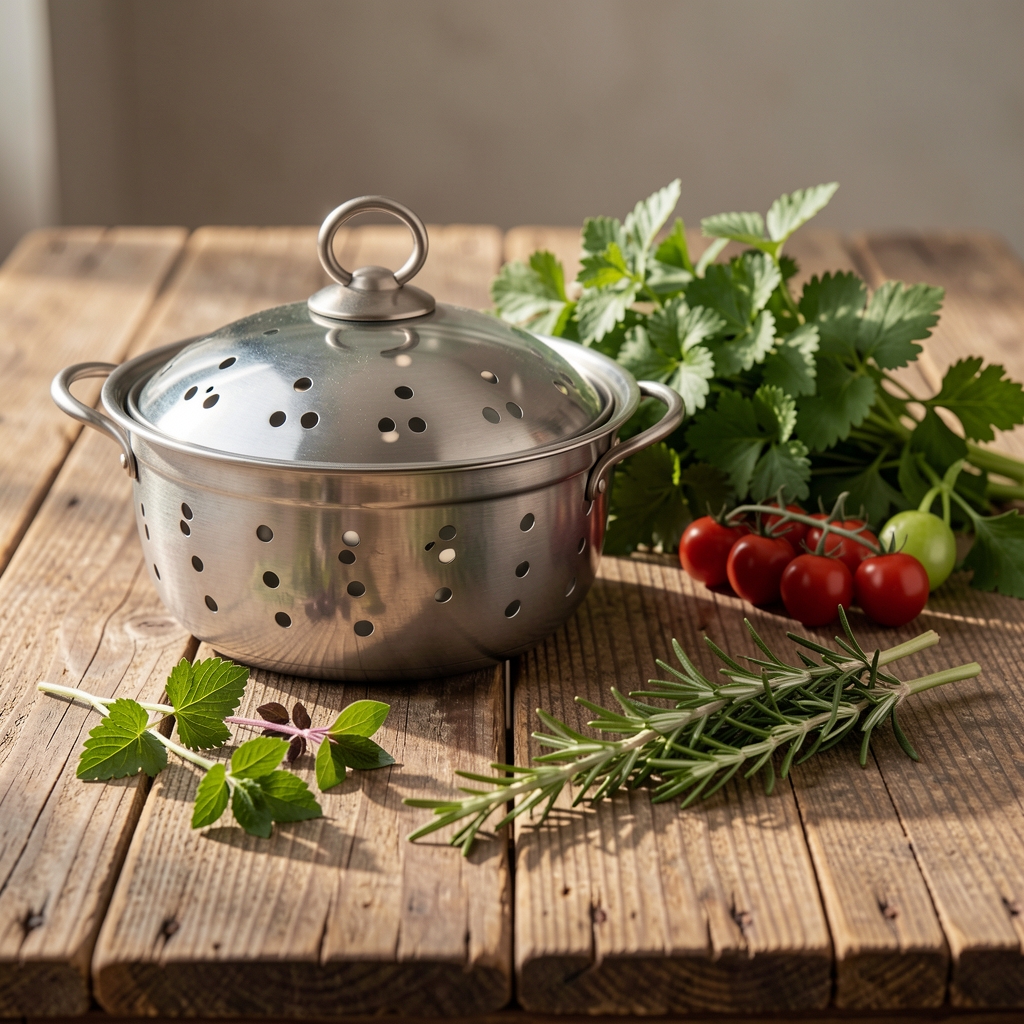 Kochzubehör auf rustikalem Holztisch, Dampfkörbchen und frische Kräuter, reduzierte Komposition