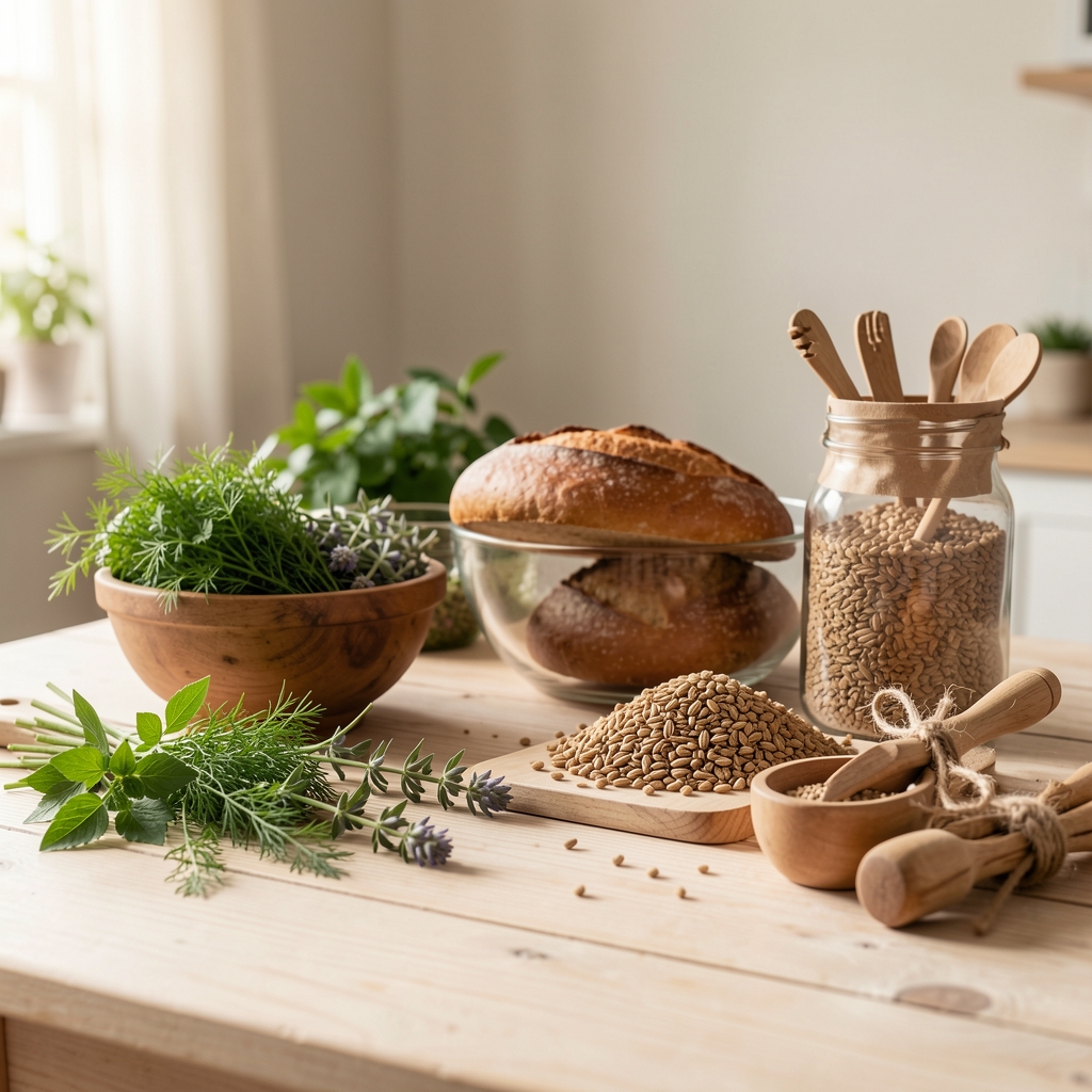 Frische Zutaten auf hellem Holztisch mit Kräutern und Vollkornprodukten, Tageslichtstimmung